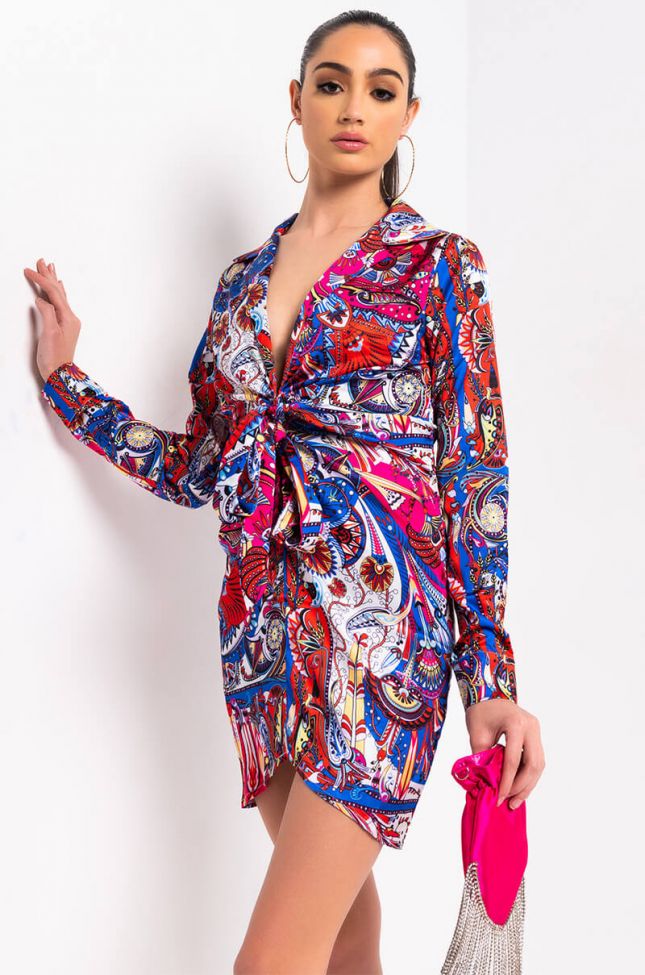 Front View All The Colors Shirt Dress in Blue Multi