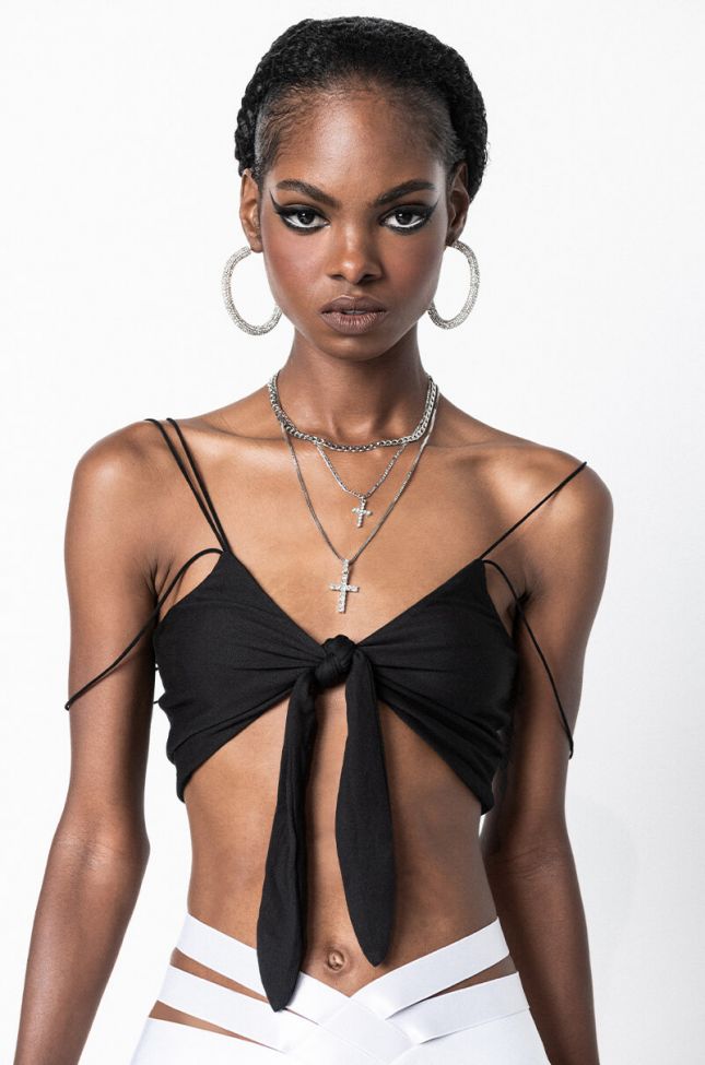 Front View All The Goodies Tie Front Bralette in Black