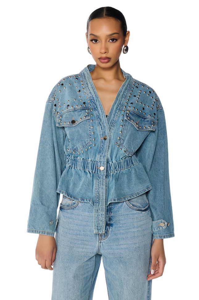 Front View All The Rage Studded Denim Cinched Jacket