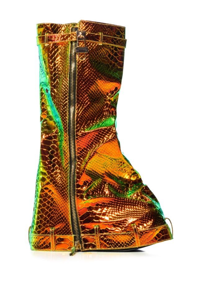 Side View All The Way Down Belted Foldover Boot In Metallic Multi