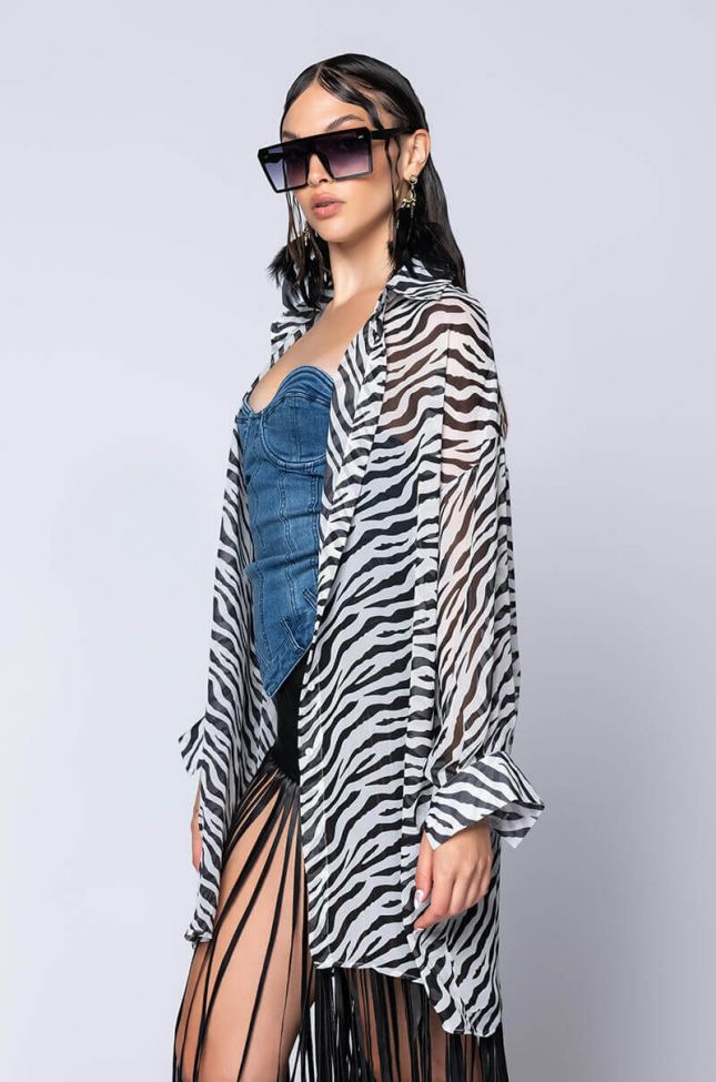 Back View All This Zebra Button Up Dress in Black White