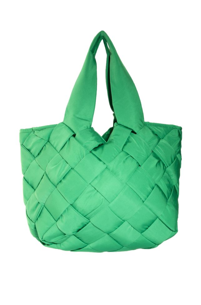 Side View All You Need Woven Puffer Tote