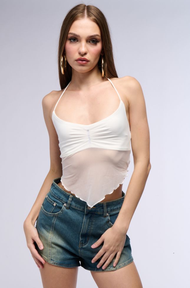 Front View All Your Love Halter Tie Neck Mesh Crop Tank In White