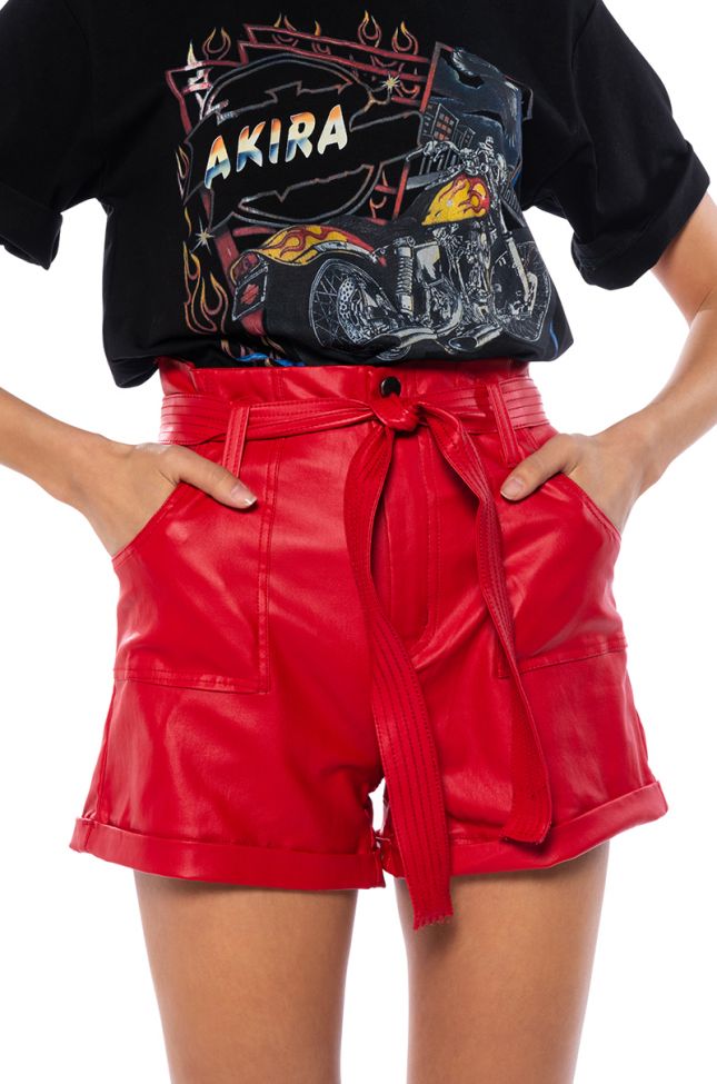 Back View Alpha High Rise Pleather Shorts In Red
