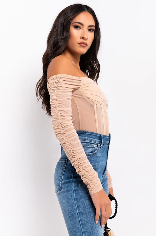Side View Always And Forever Long Sleeve Mesh Bodysuit in Beige