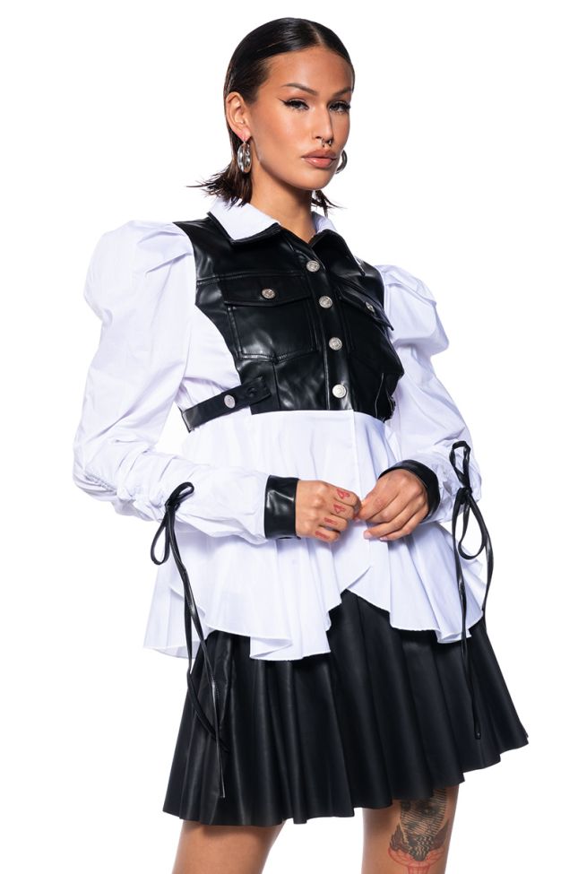 Front View Always Fabulous Faux Leather Bodice Button Down Blouse