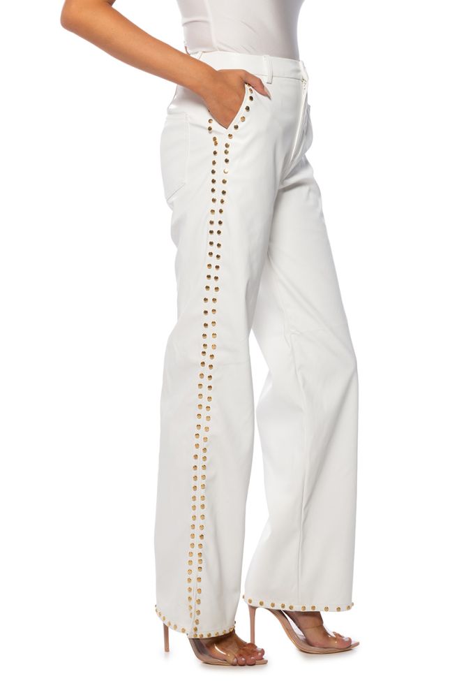 Side View Always On Time Faux Leather Studded Wide Leg Pant In White