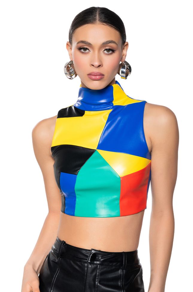 Front View Ameila Color Block Faux Leather Crop Top
