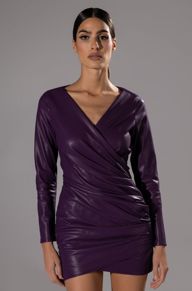 AMETHYST RUCHED FAUX LEATHER LONG SLEEVE MINI DRESS