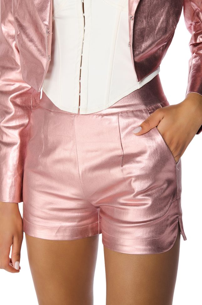 Back View Ammo X Akira Big Booty High Waist Faux Leather Short With 4 Way Stretch In Rose Gold