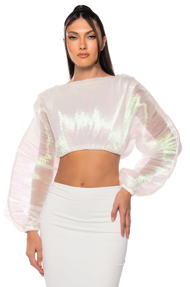 Front View Anastasia Iridescent Cropped Long Sleeve Top