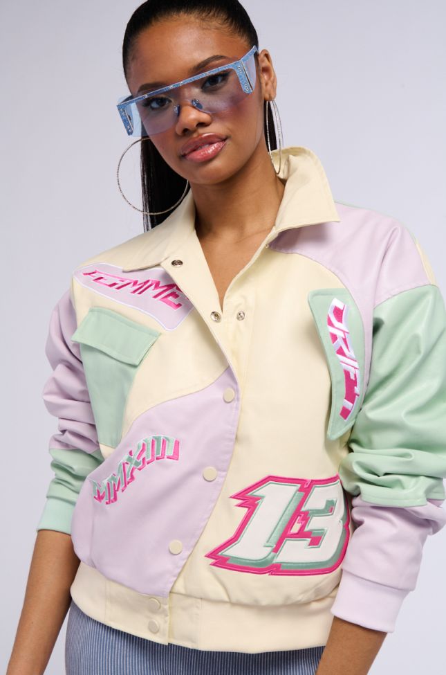 Front View Angel Eyes Pastel Pu Color Block Bomber