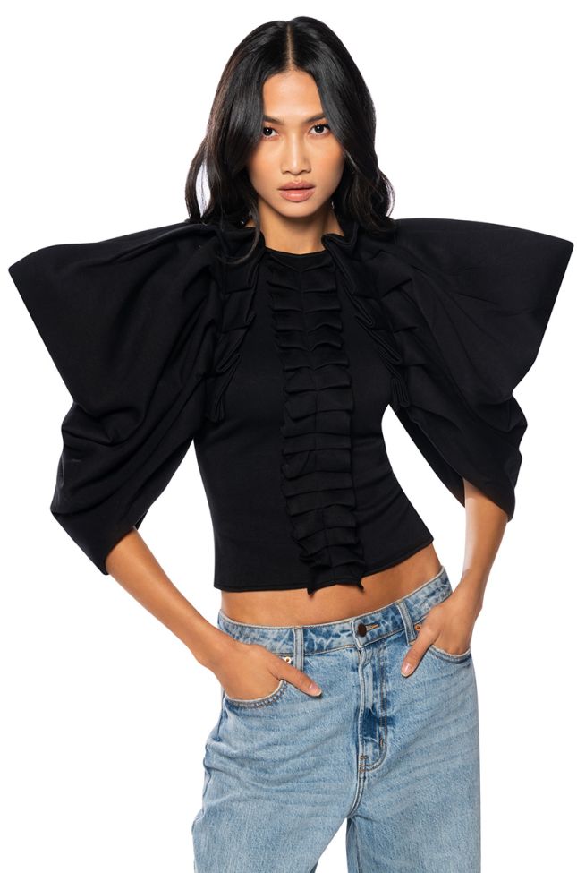 Front View Annika Statement Sleeve Top In Black