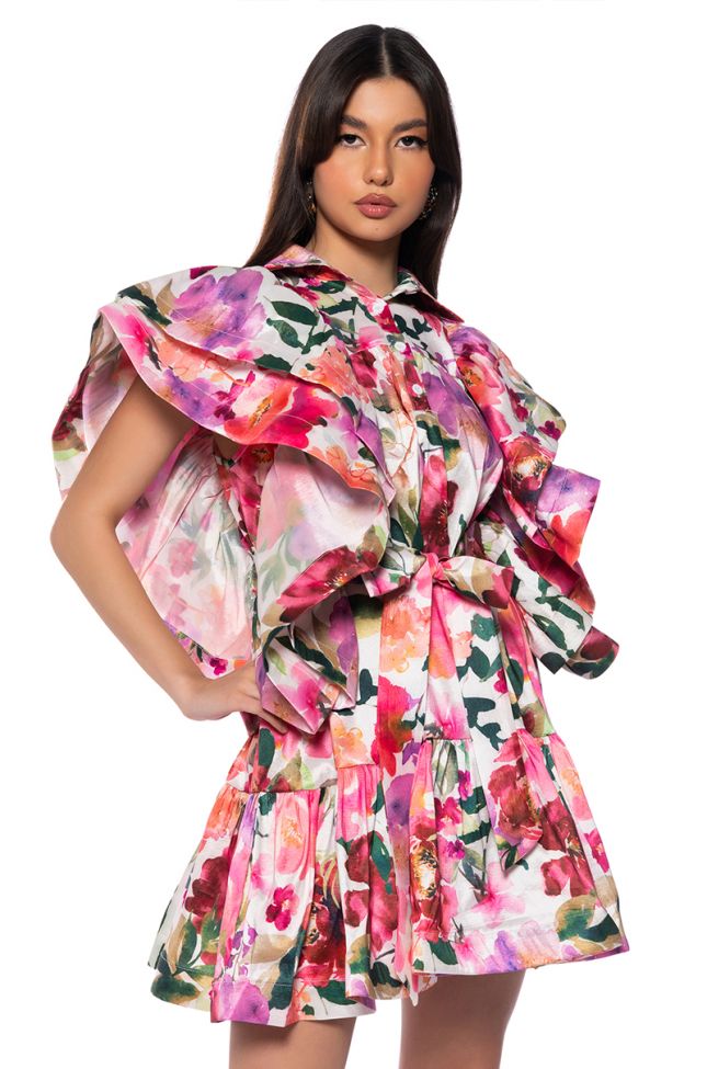 ANOTHER MEMORY FLORAL RUFFLE SLEEVE MINI DRESS