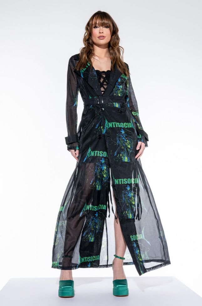 Front View Antisocial Sheer Long Printed Trench