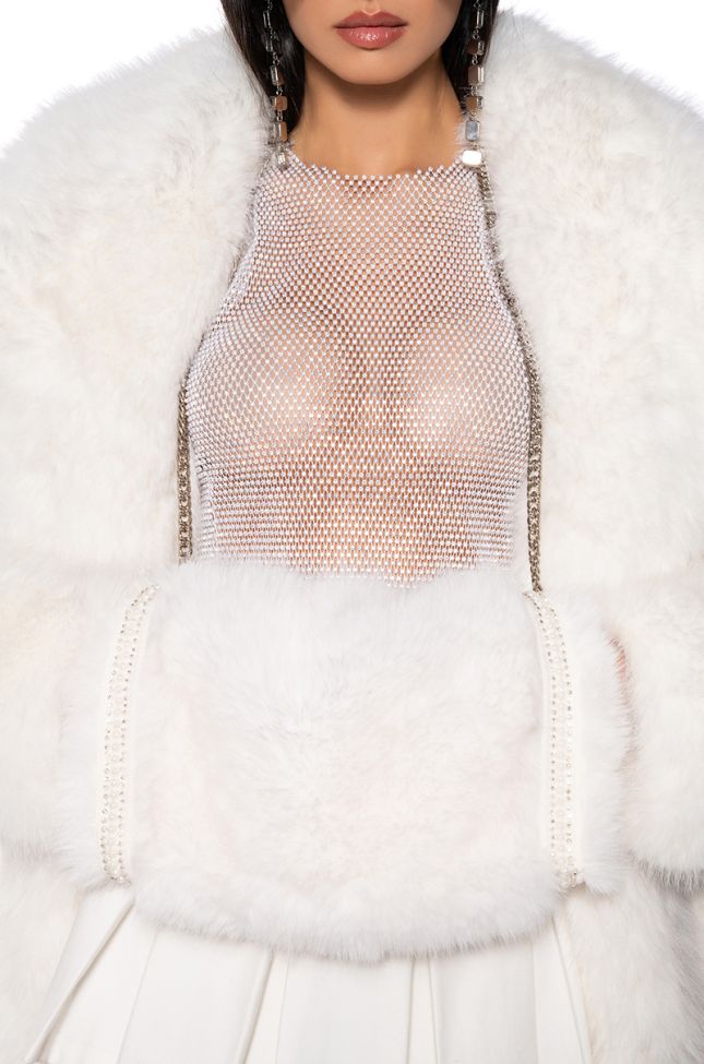 Front View Apres Ski Embellished Faux Fur Muff In White