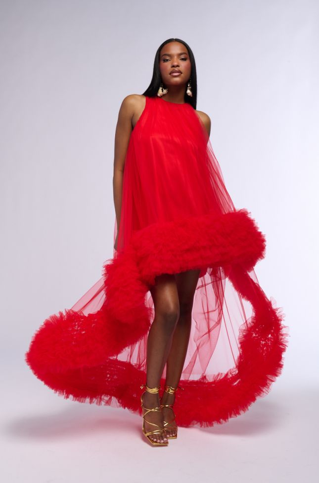 Side View Ari Tulle Ruffle High Low Mini Dress In Red