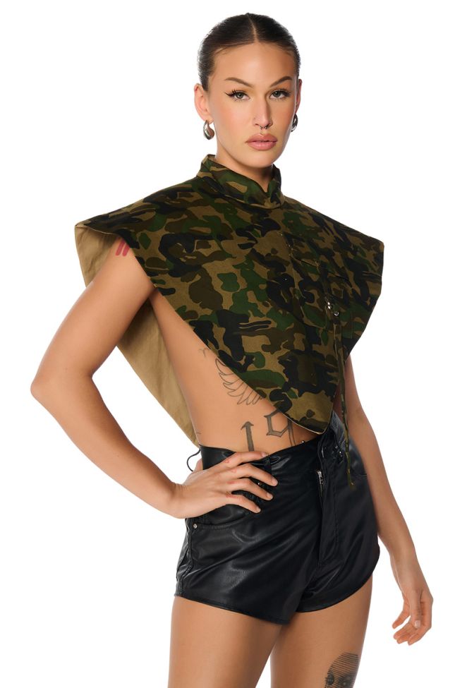 Side View Aria Camo Print Mock Neck Triangle Blouse