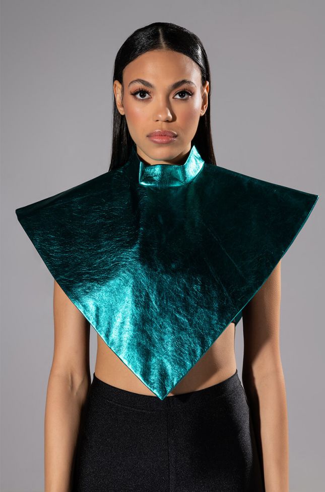 Front View Aria Metallic Faux Leather Mock Neck Triangle Blouse