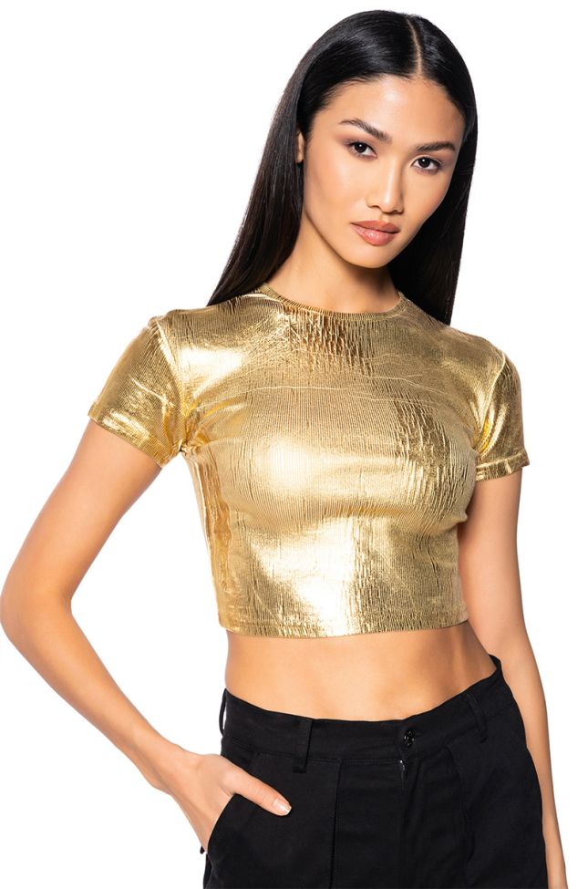 Front View Aries Metallic Rib Short Sleeve T Shirt In Gold