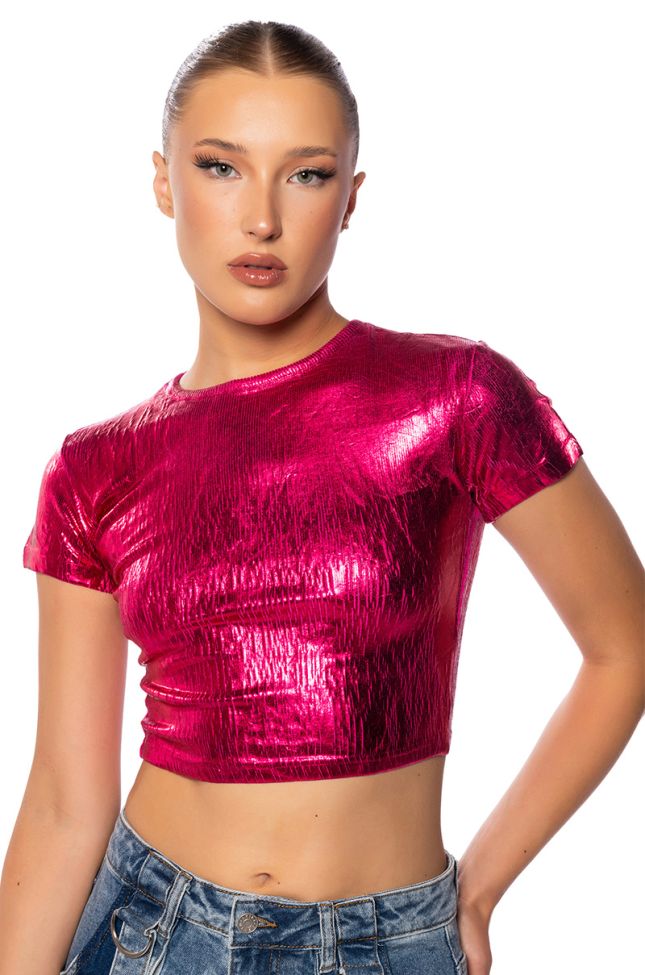 Front View Aries Metallic Short Sleeve T Shirt In Pink