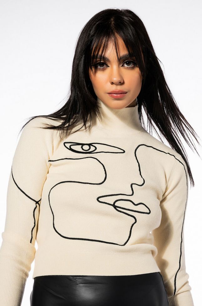Front View Art Is Life Abstract Face Ribbed Turtleneck Sweater