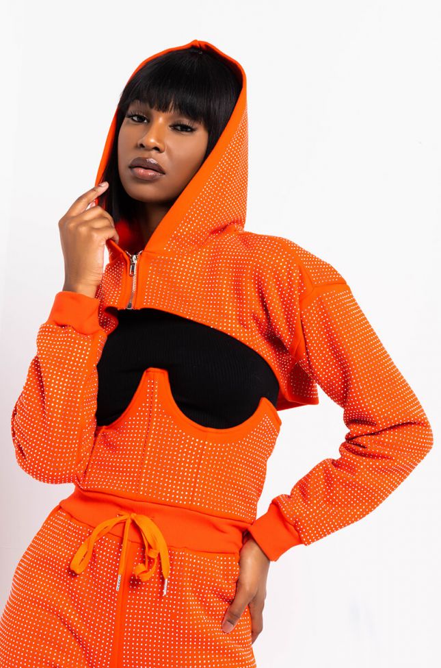 Front View As If Rhinestone Cropped Hoodie in Orange