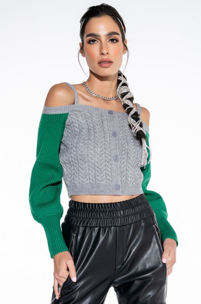 Front View Aspen Off The Shoulder Colorblock Sweater