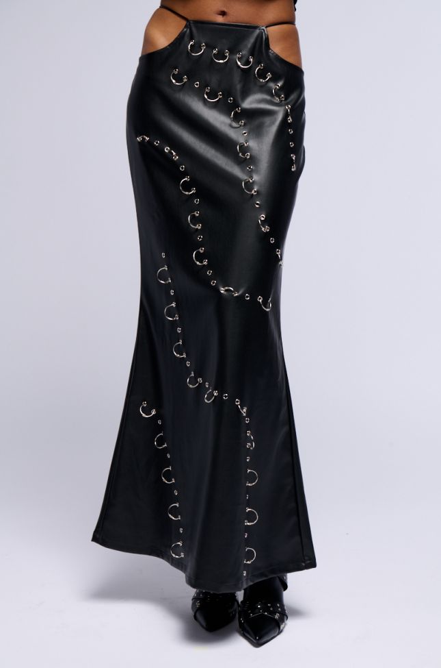 Front View Astin Pierced Faux Leather Maxi Skirt