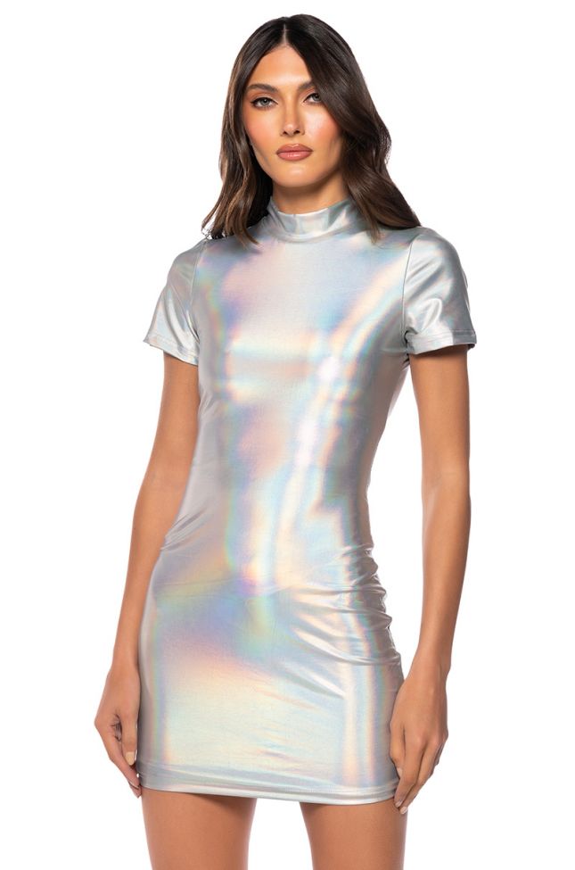 Front View Astrid Holographic Mock Neck Mini Dress