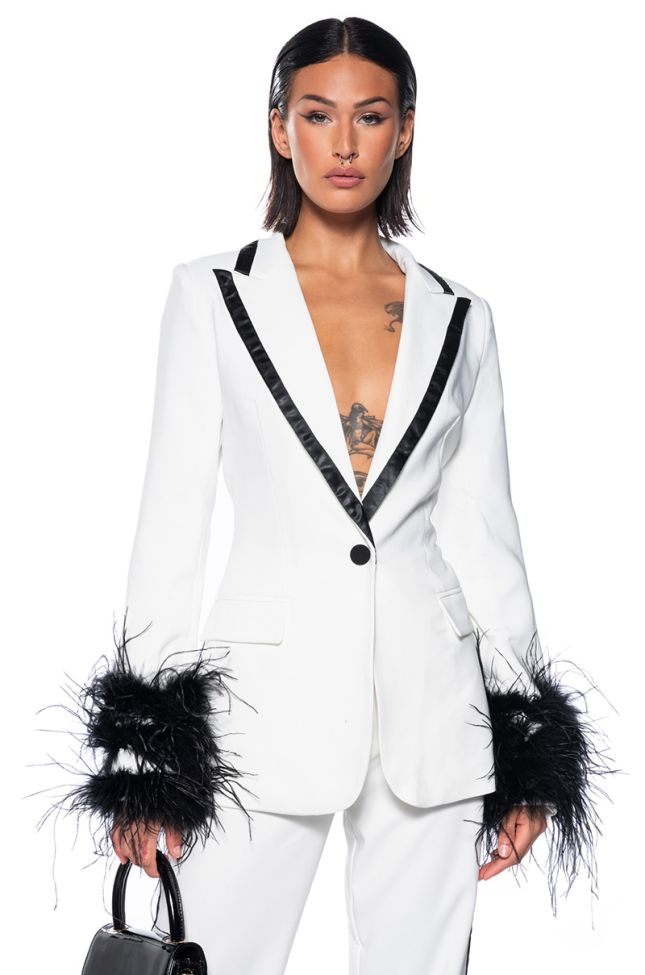 Front View Atlantic City Contrast Trim Blazer With Feather Cuffs