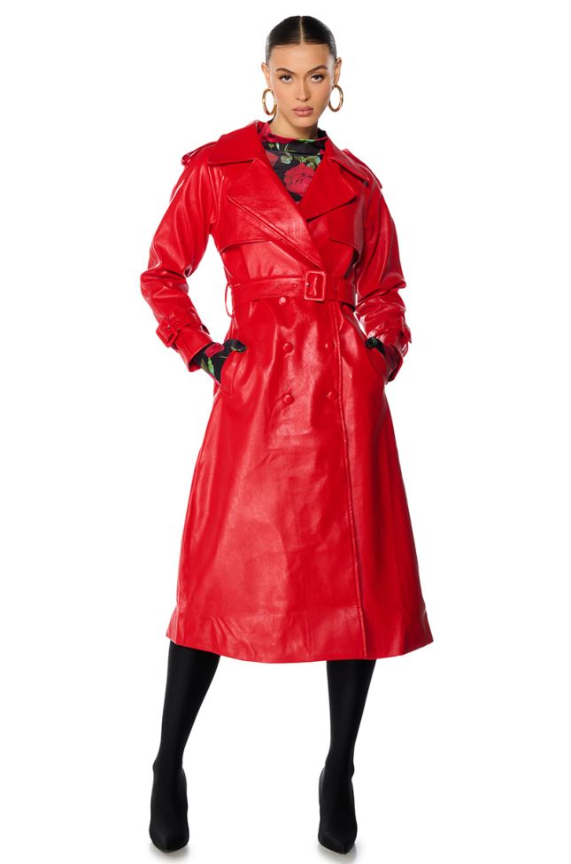 Front View Au Revoir Faux Leather Trench In Red
