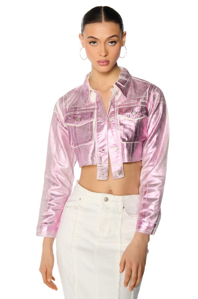 Front View Aubrey Brushed Metallic Cropped Denim Jacket In Pink