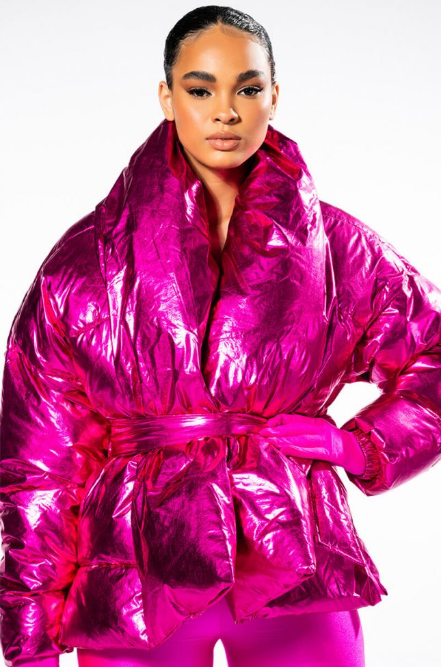 Front View Aurtura Luxe Metallic Pink Puffer Coat