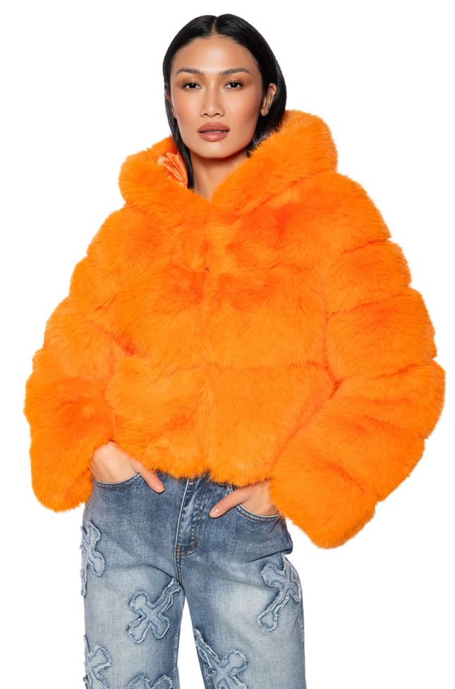 Front View Avi Faux Fox Fur Coat In Orange
