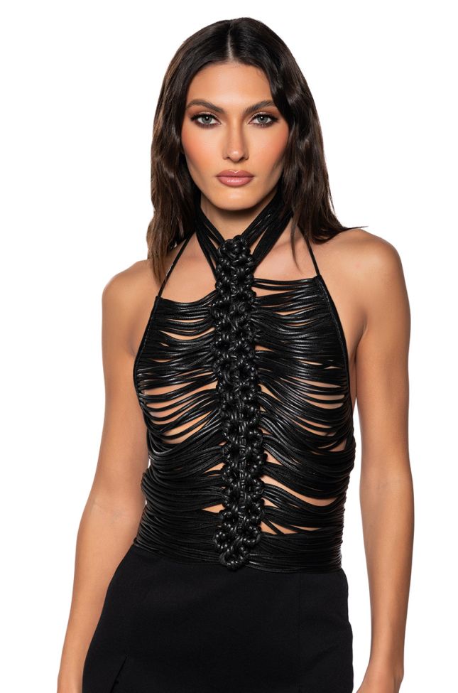 Front View Aviana Braided Faux Leather Halter Neck Top