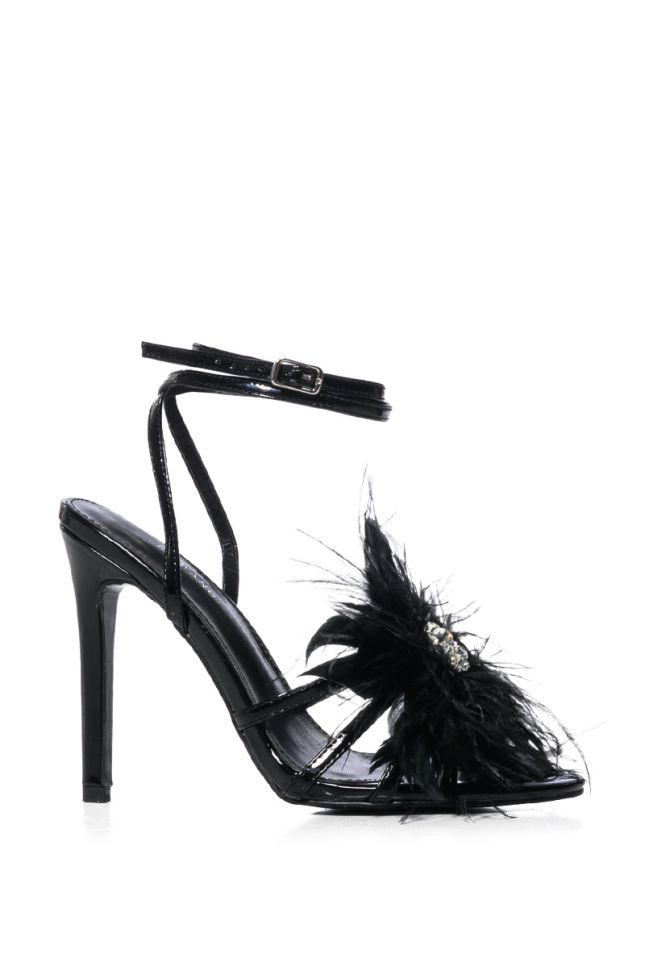 Side View Azalea Wang Above And Beyond Feather Flower Decor Sandal In Black