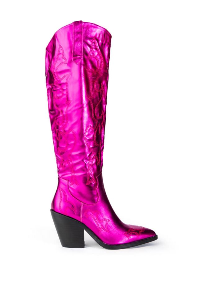 Side View Azalea Wang After Party Metallic Western Boot In Pink