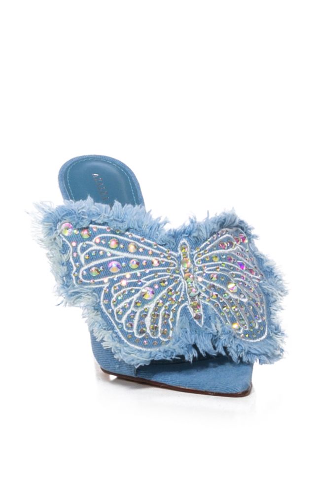 Back View Azalea Wang Alaya Embellished Butterfly Stiletto Sandal In Denim
