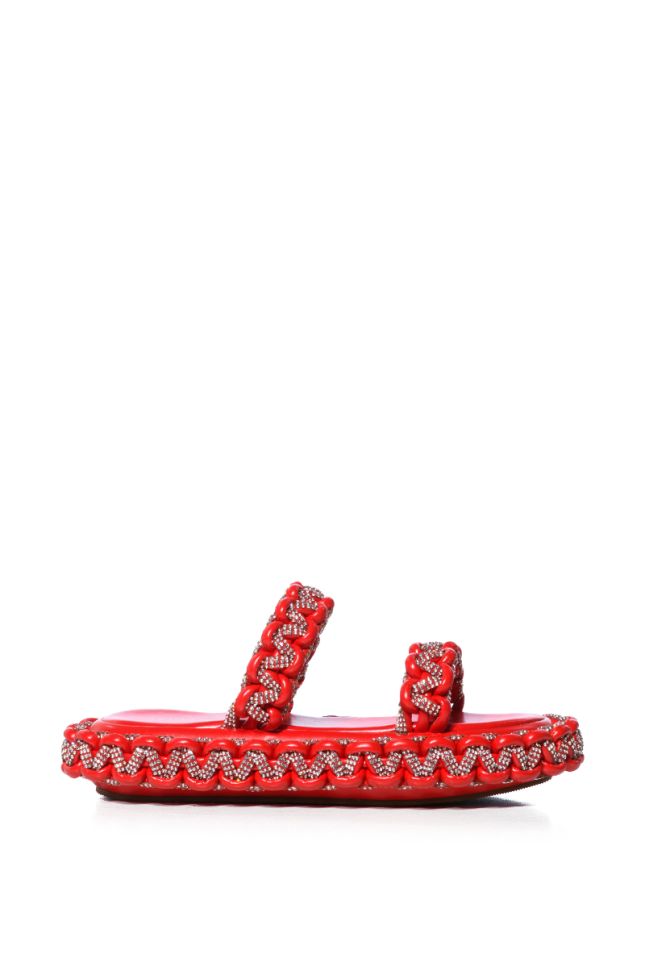 Back View Azalea Wang All Day Embellished Woven Flatform Sandal In Red