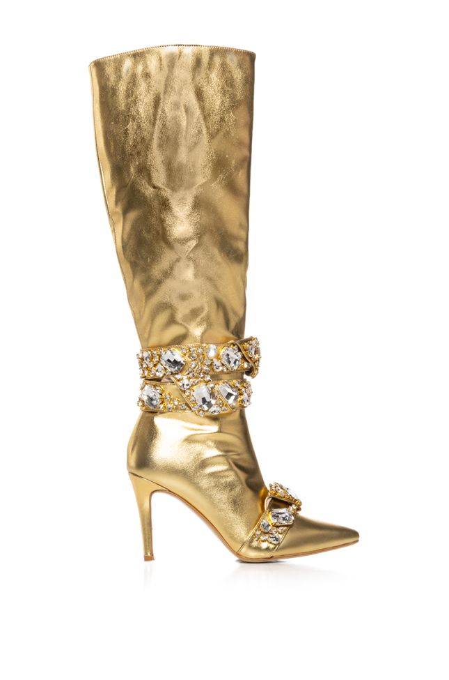 Side View Azalea Wang Alonza Gold Diamond Embellished Boot