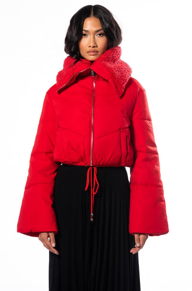 Front View Azalea Wang Amanda Crop Puffer With Sherpa Collar In Red