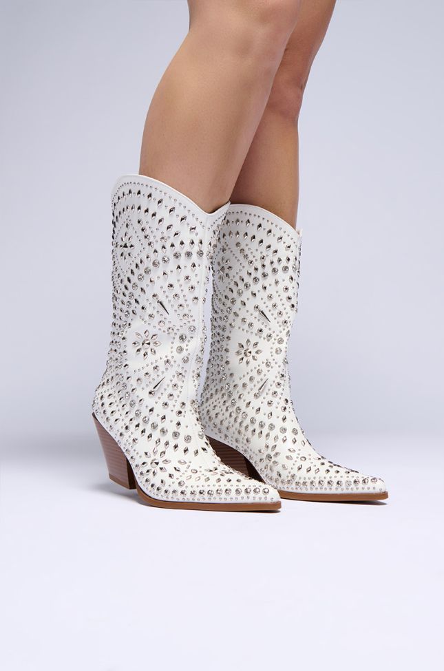 Front View Azalea Wang Amicable White Silver Embellished Cowboy Boot