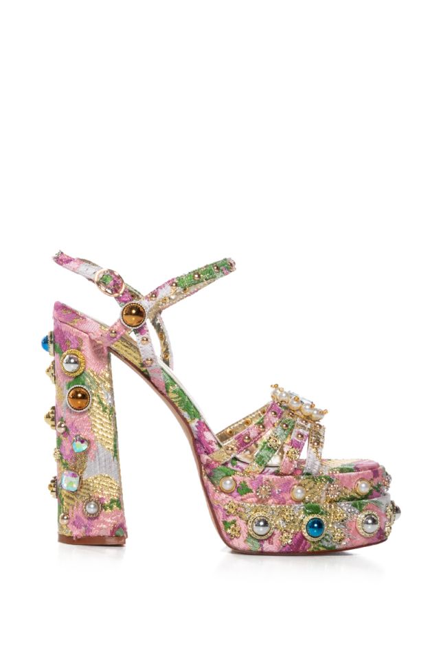 Side View Azalea Wang Annie Embellished Brocade Platform Sandal In Pink