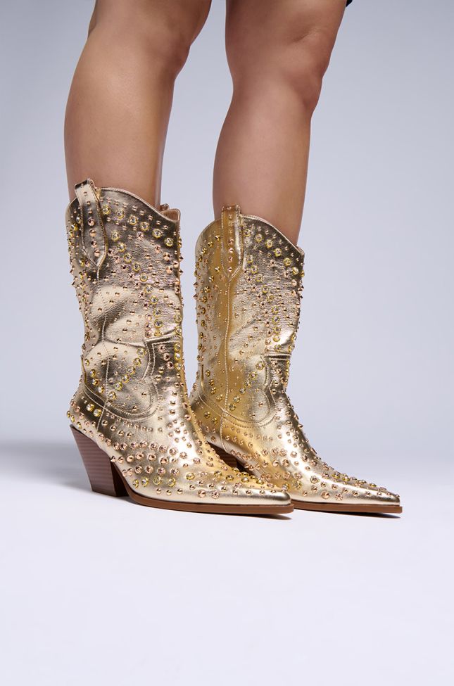 Front View Azalea Wang Appease Gold Embellished Cowboy Boot