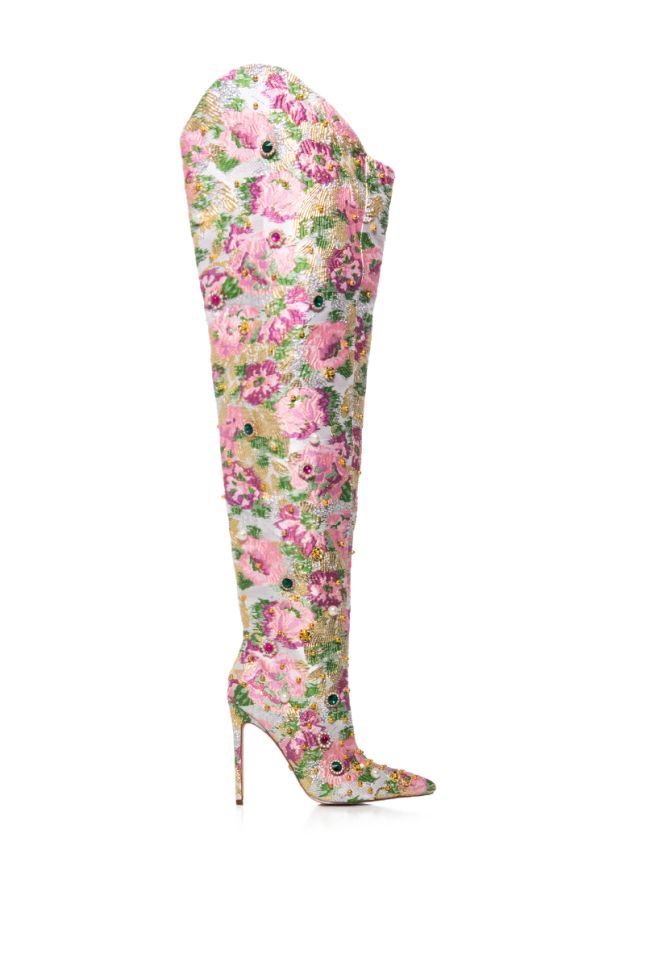 Side View Azalea Wang Artistes Brocade Embellished Boot In Pink