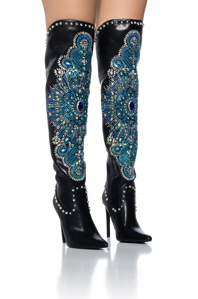 Extra View Azalea Wang Axelle Embellished Over The Knee Boot In Black Blue