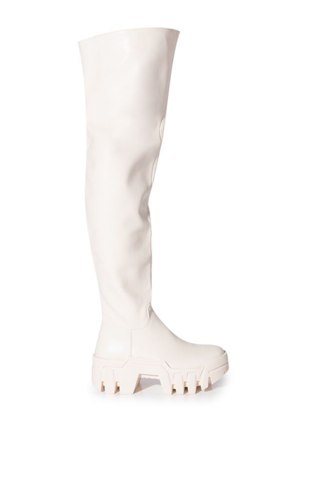 Side View Azalea Wang Big Stepper Thigh High Flatform Boot In Cream