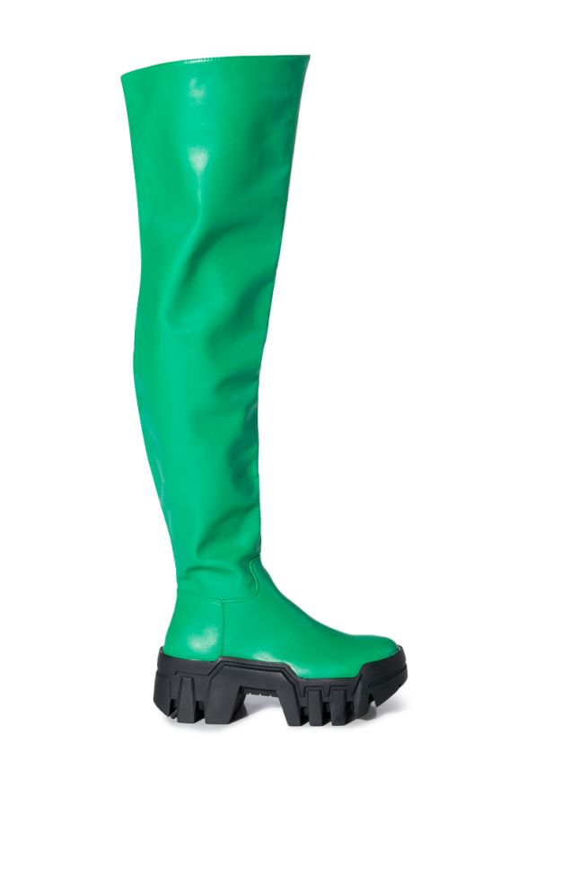Side View Azalea Wang Big Stepper Thigh High Flatform Boot In Green