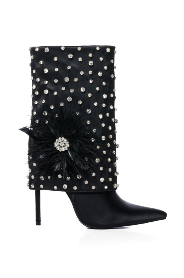 Side View Azalea Wang Blaise Black Diamond Studded Boot With Flower Detail